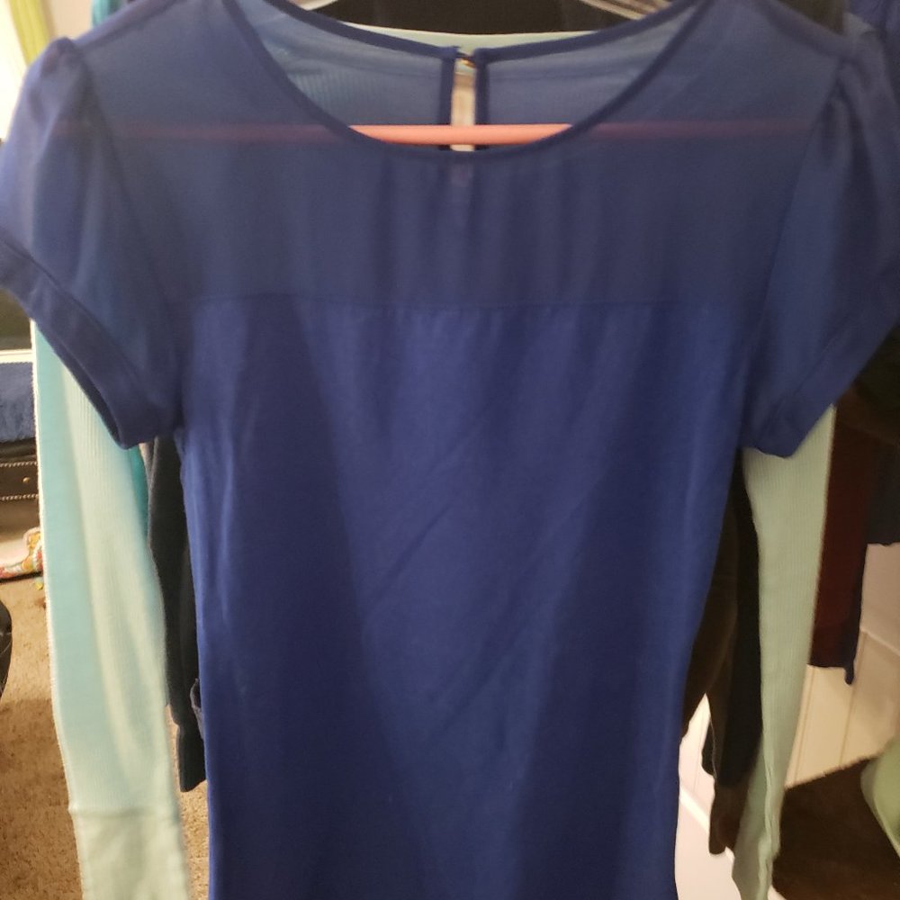 Express Blue Short Sleeve Blouse Sheer Shoulders